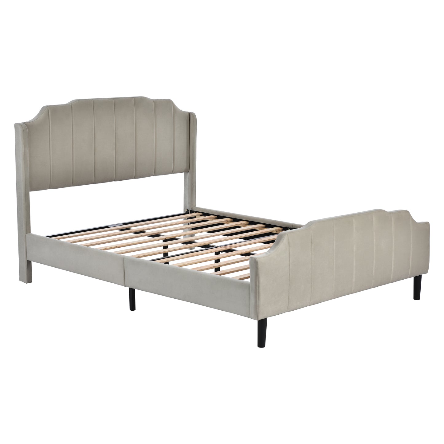 Melysen Queen Size Upholstered Platform Bed with Headboard and Footboard,No Box Spring Needed, Velvet Fabric,Gray