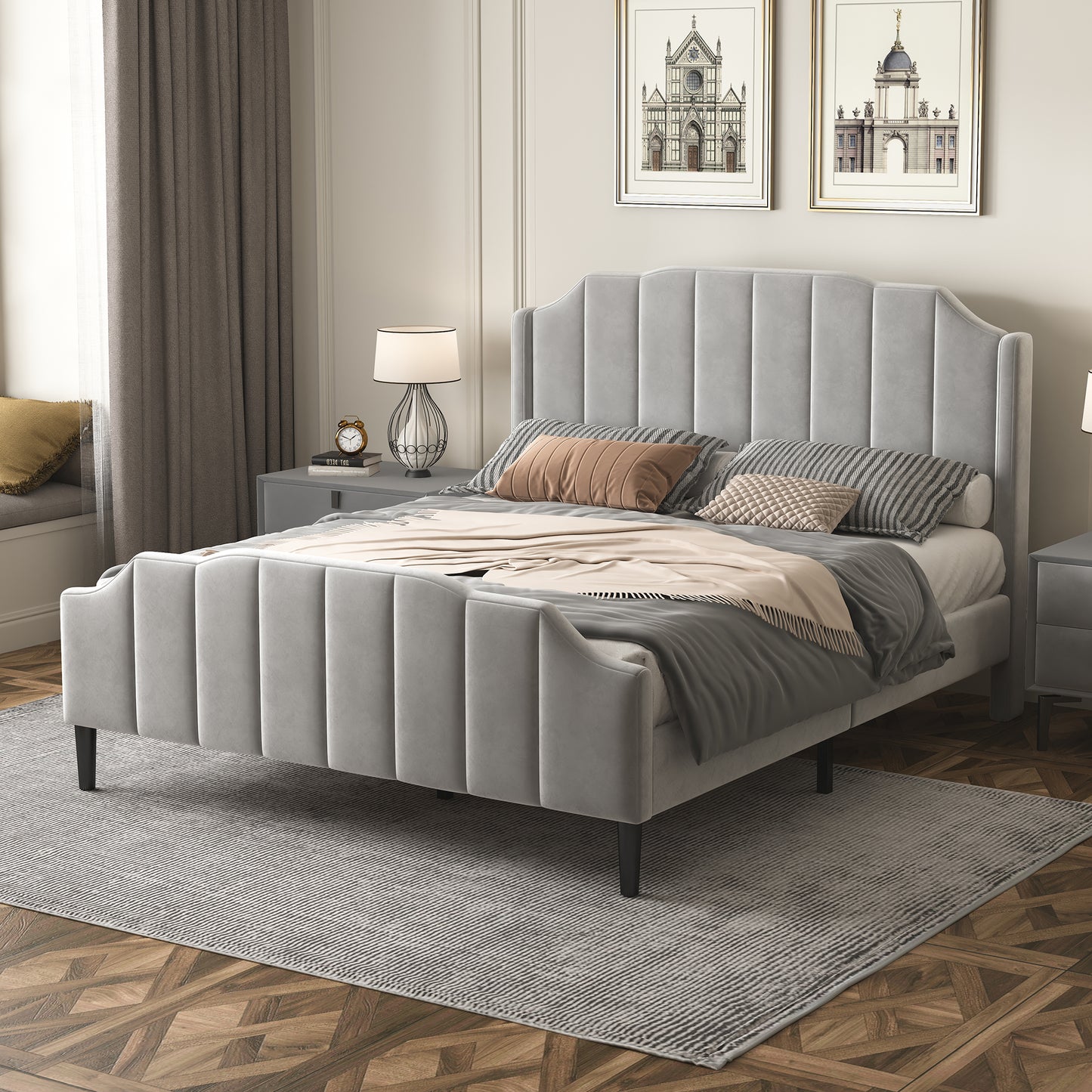 Melysen Queen Size Upholstered Platform Bed with Headboard and Footboard,No Box Spring Needed, Velvet Fabric,Gray