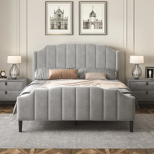 Melysen Queen Size Upholstered Platform Bed with Headboard and Footboard,No Box Spring Needed, Velvet Fabric,Gray