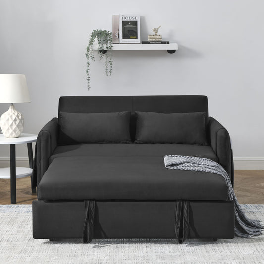 Melysen 55" Modern Convertible Sofa Bed with 2 Detachable Arm Pockets, Velvet Loveseat Sofa with Pull Out Bed, 2 Pillows and Living Room Adjustable Backrest, Grid Design Armrestsin