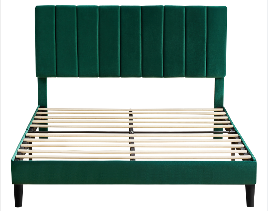 Melysen Full Size Frame Platform Bed with Upholstered Headboard and Slat Support,Green