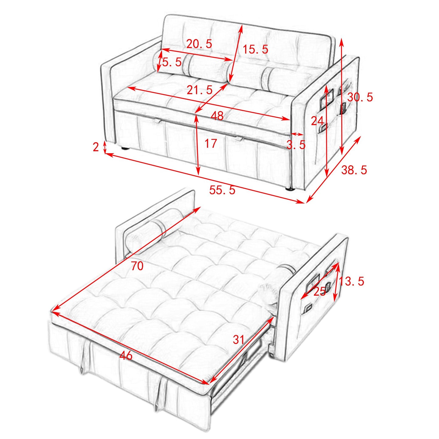 Melysen Modern 55.5" Pull Out Sleep Sofa Bed 2 Seater Loveseats Sofa Couch with side pockets, Adjsutable Backrest and Lumbar Pillows for Apartment Office Living Roomin