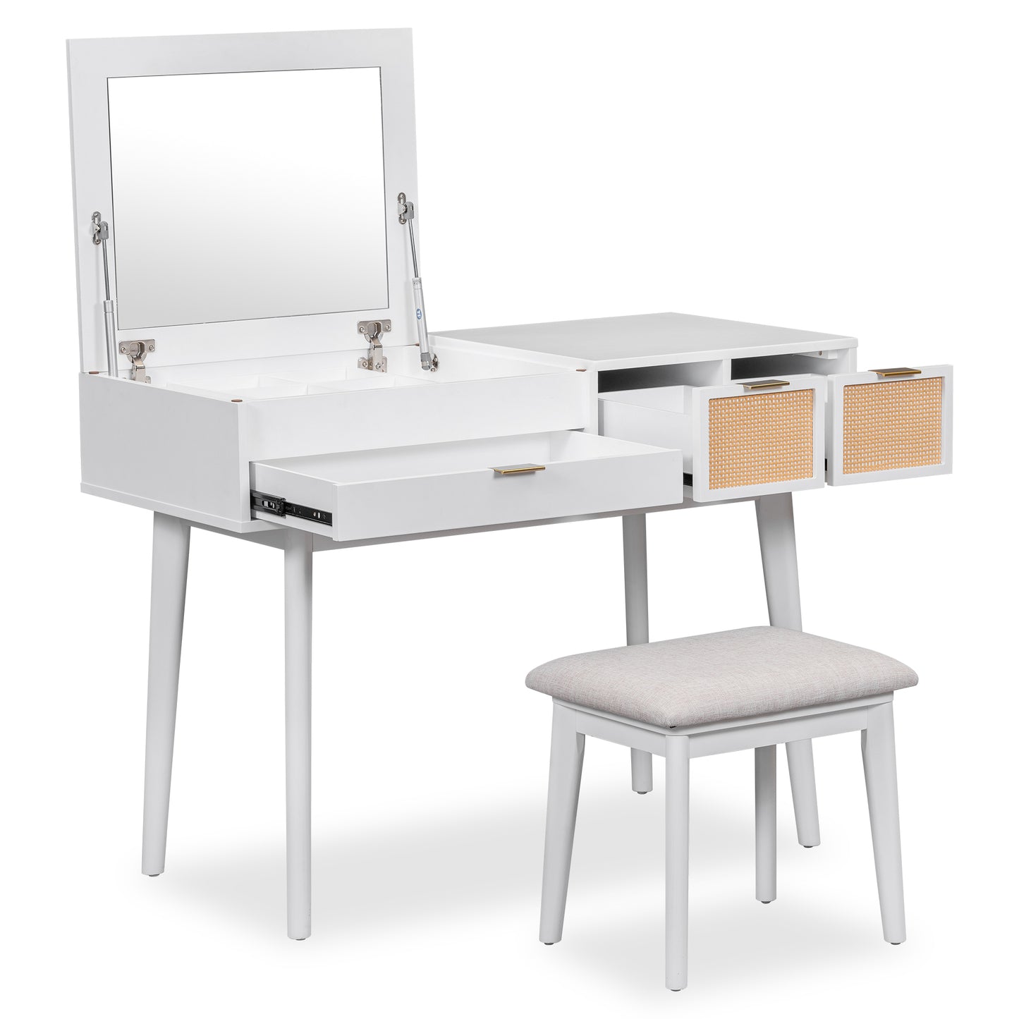 Melysen 43.3" Classic Wood Makeup Vanity Set with Flip-top Mirror and Stool, Dressing Table with Three Drawers and storage space, White