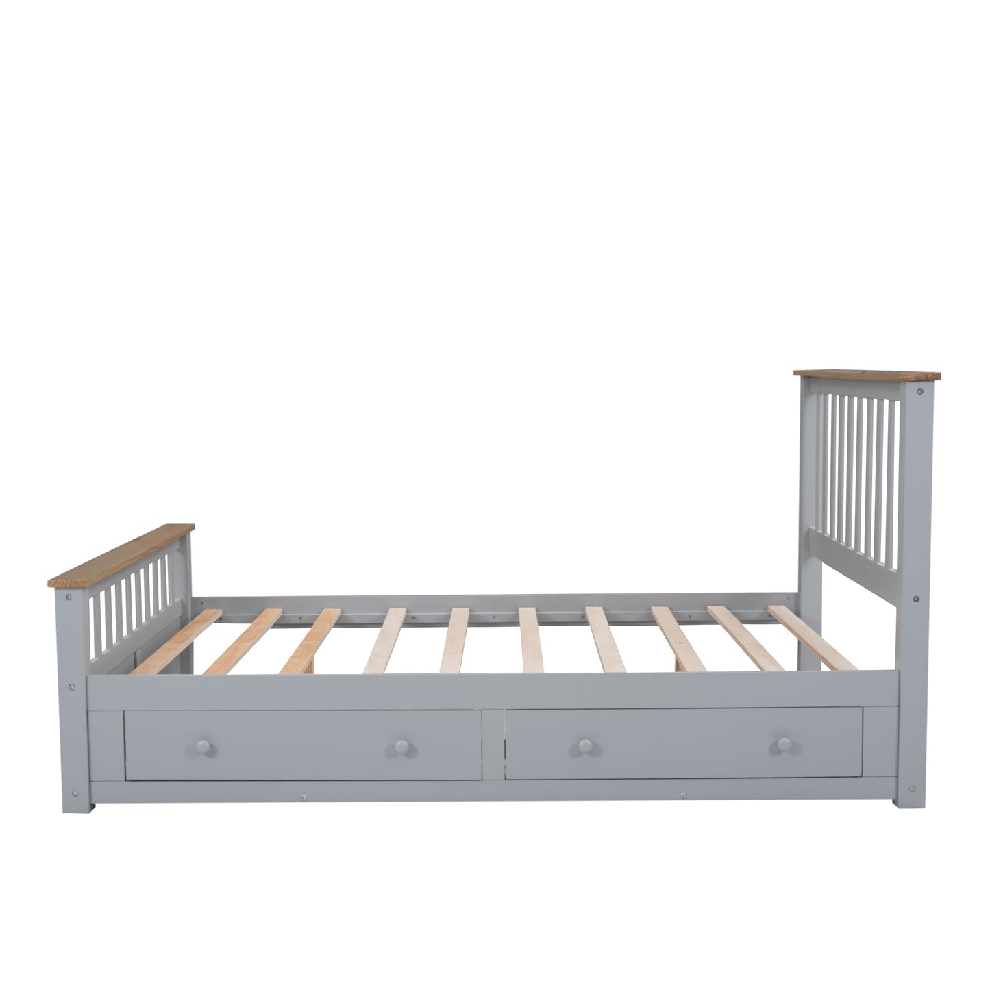 Melysen Queen Size Wood Platform Bed with Two Drawers and Wooden Slat Support,Gray+Natrual