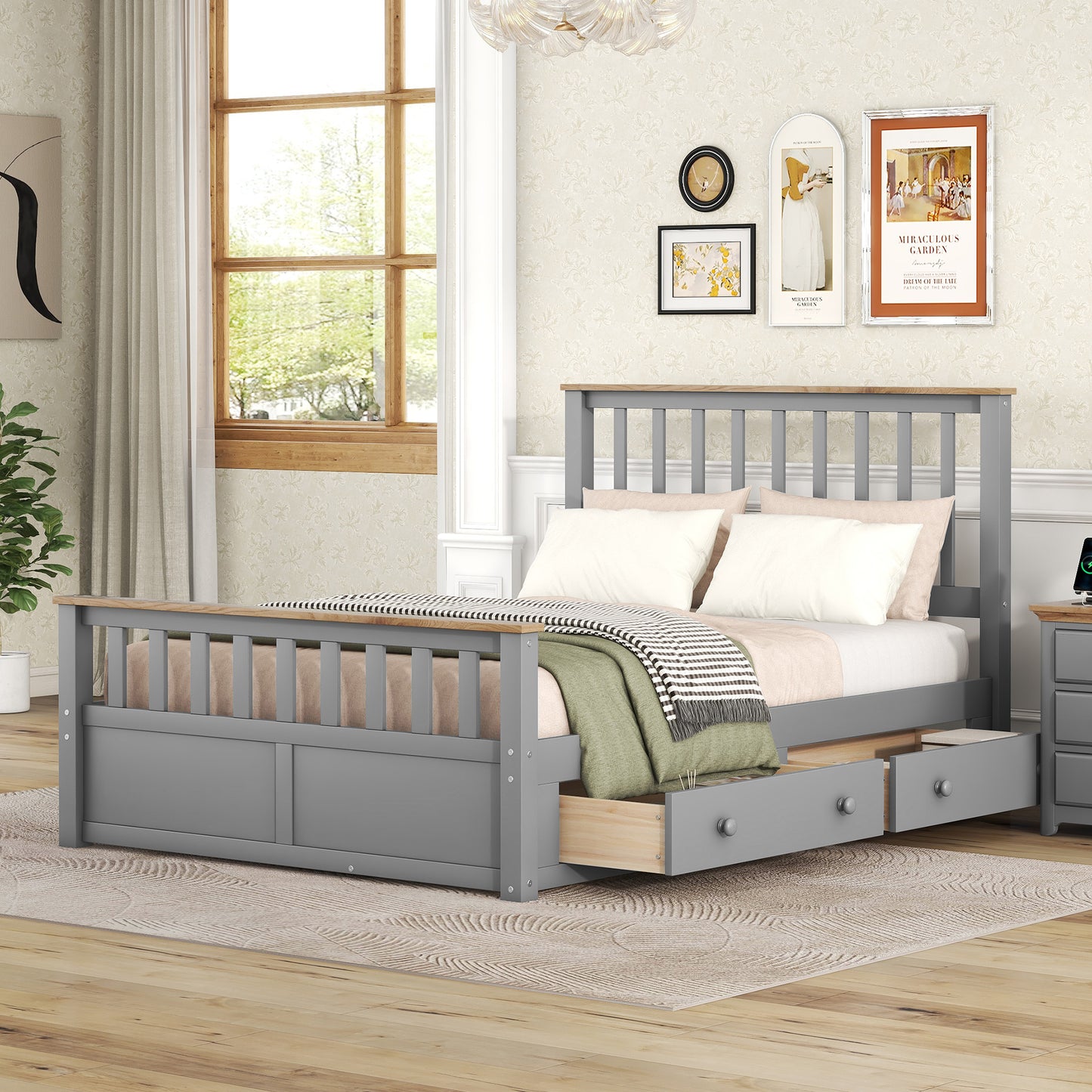 Melysen Full Size Wood Platform Bed with Two Drawers and Wooden Slat Support,Gray+Natrual