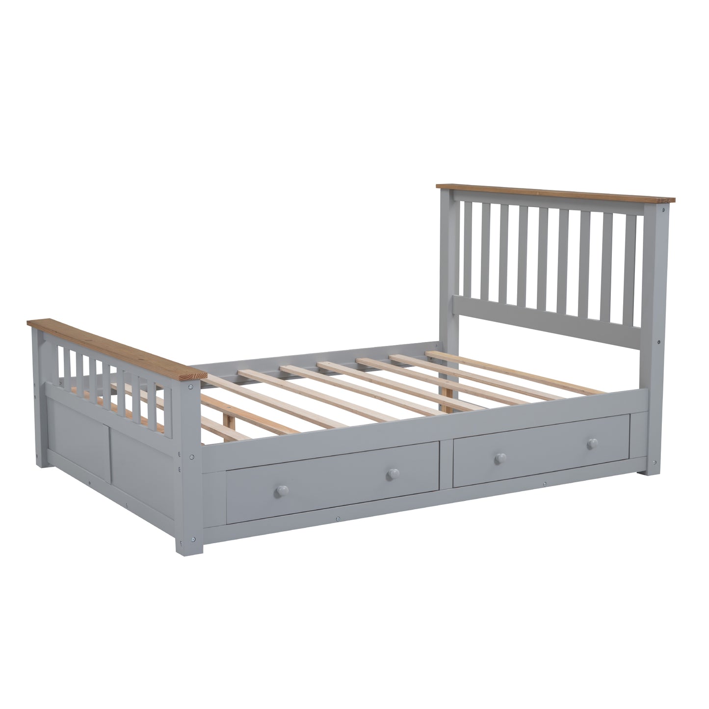 Melysen Full Size Wood Platform Bed with Two Drawers and Wooden Slat Support,Gray+Natrual