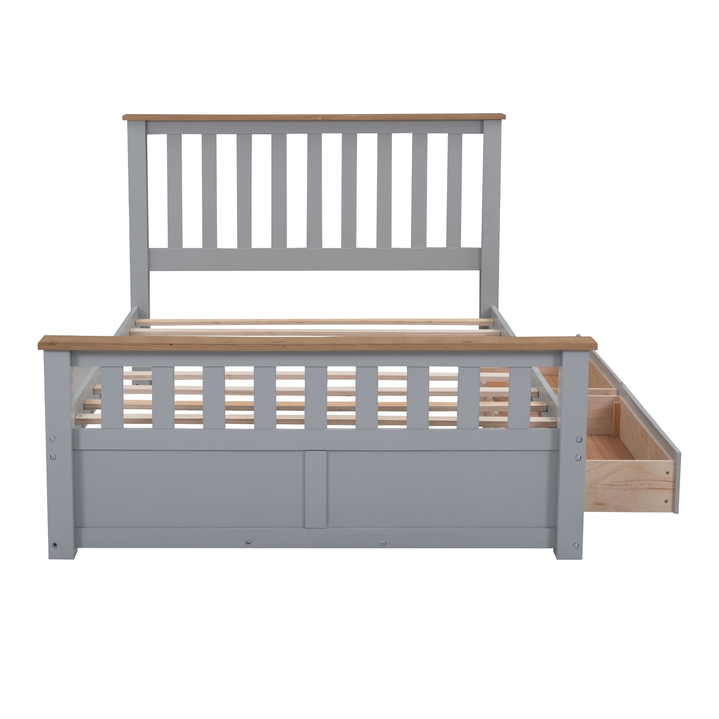 Melysen Full Size Wood Platform Bed with Two Drawers and Wooden Slat Support,Gray+Natrual