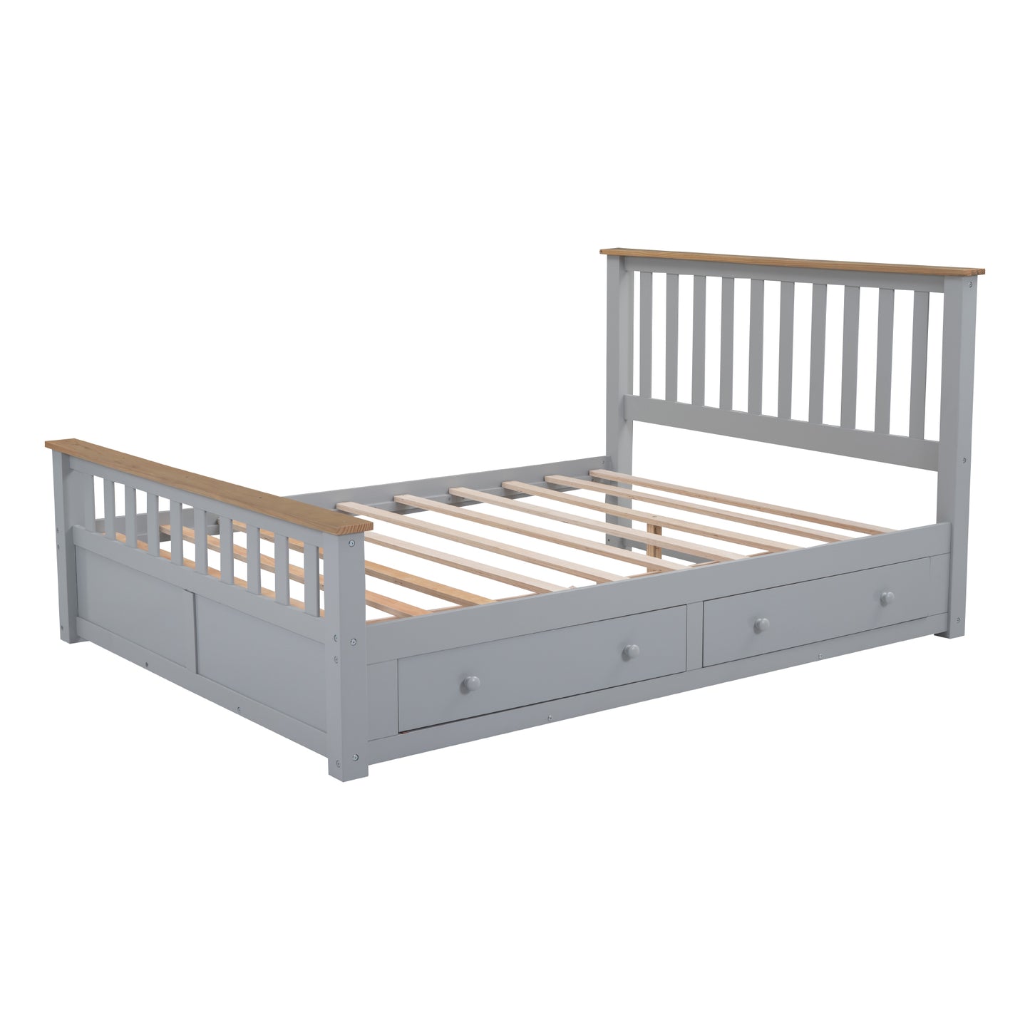 Melysen Queen Size Wood Platform Bed with Two Drawers and Wooden Slat Support,Gray+Natrual