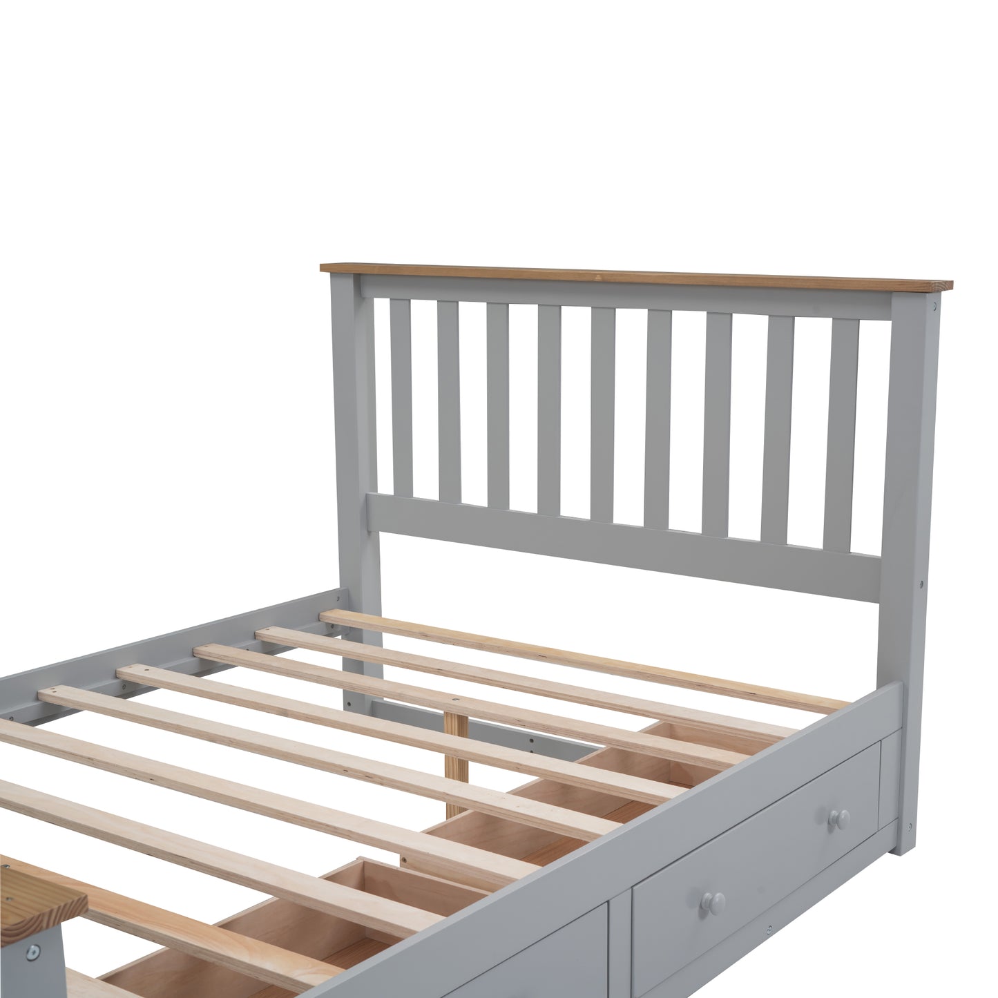 Melysen Full Size Wood Platform Bed with Two Drawers and Wooden Slat Support,Gray+Natrual