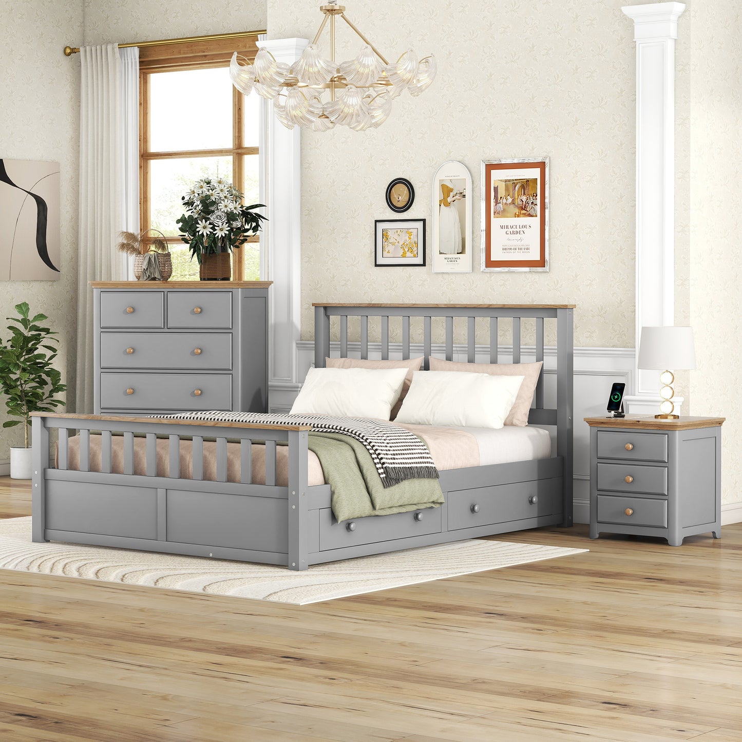 Melysen 3-Pieces Bedroom Sets Queen Size Platform Bed with Nightstand(USB Charging Ports) and Storage Chest,Gray+Natrual