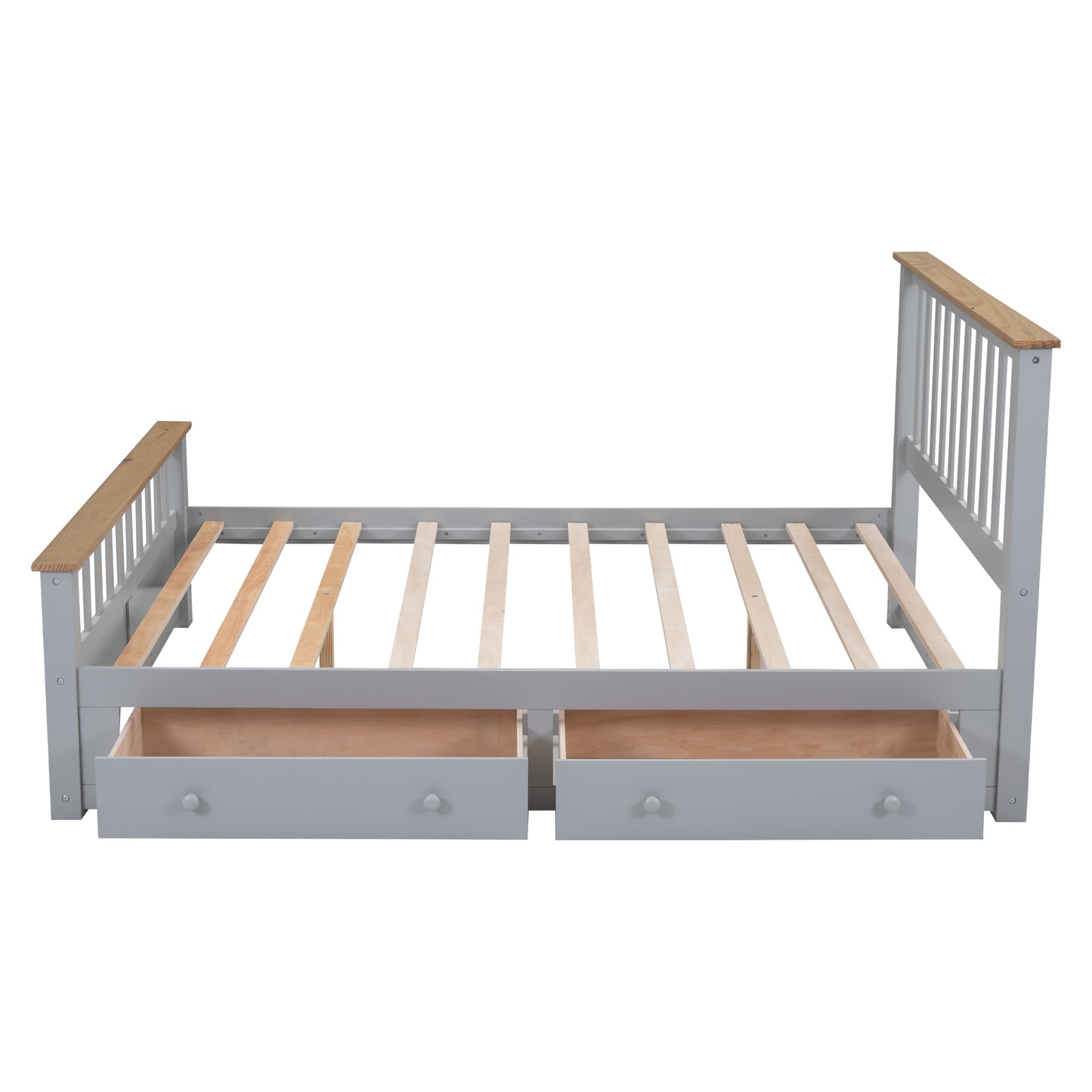 Melysen Queen Size Wood Platform Bed with Two Drawers and Wooden Slat Support,Gray+Natrual