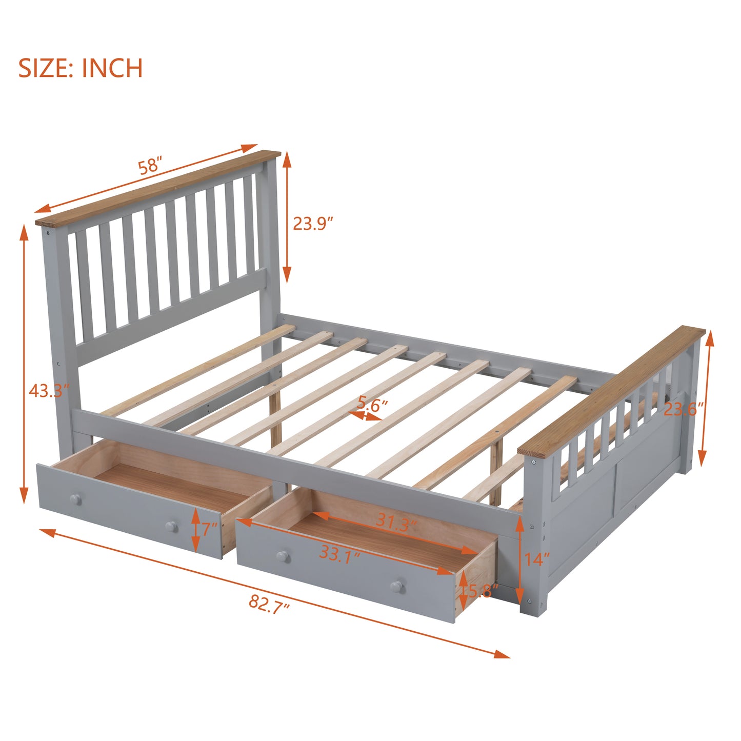 Melysen Full Size Wood Platform Bed with Two Drawers and Wooden Slat Support,Gray+Natrual