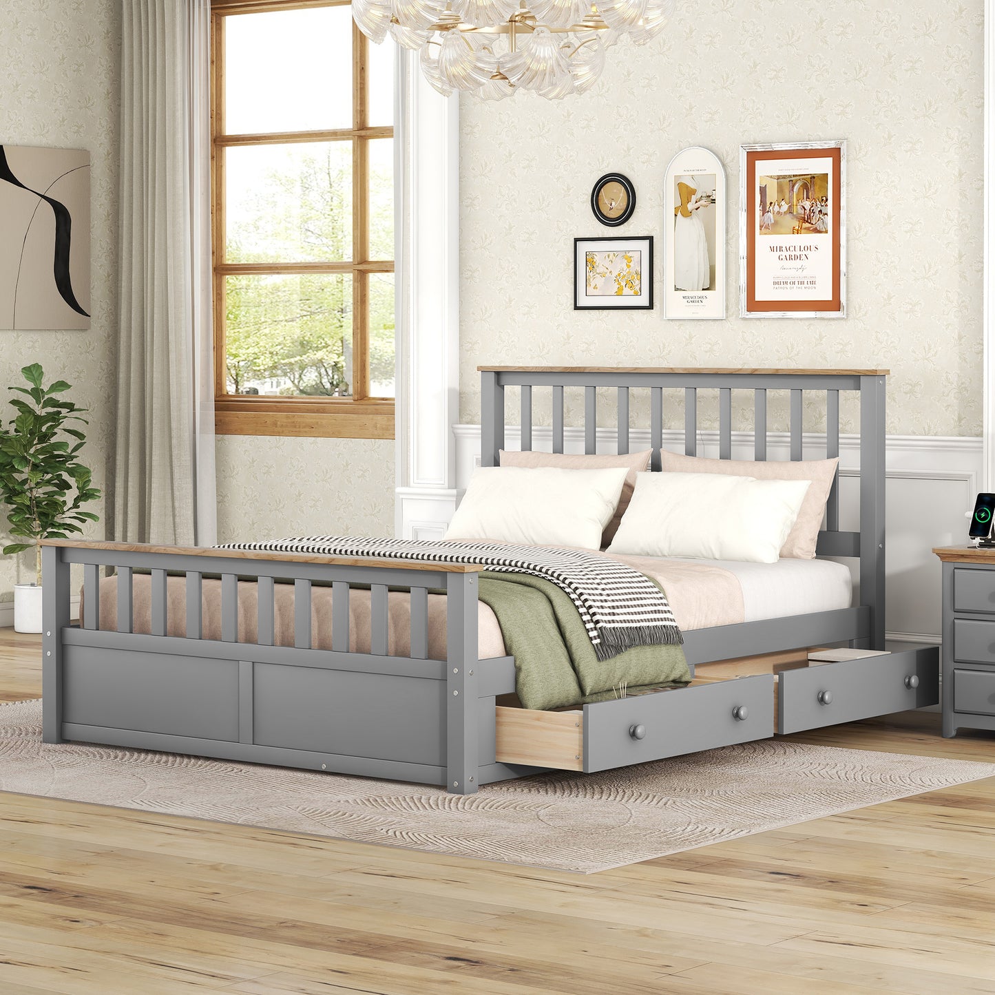 Melysen Queen Size Wood Platform Bed with Two Drawers and Wooden Slat Support,Gray+Natrual