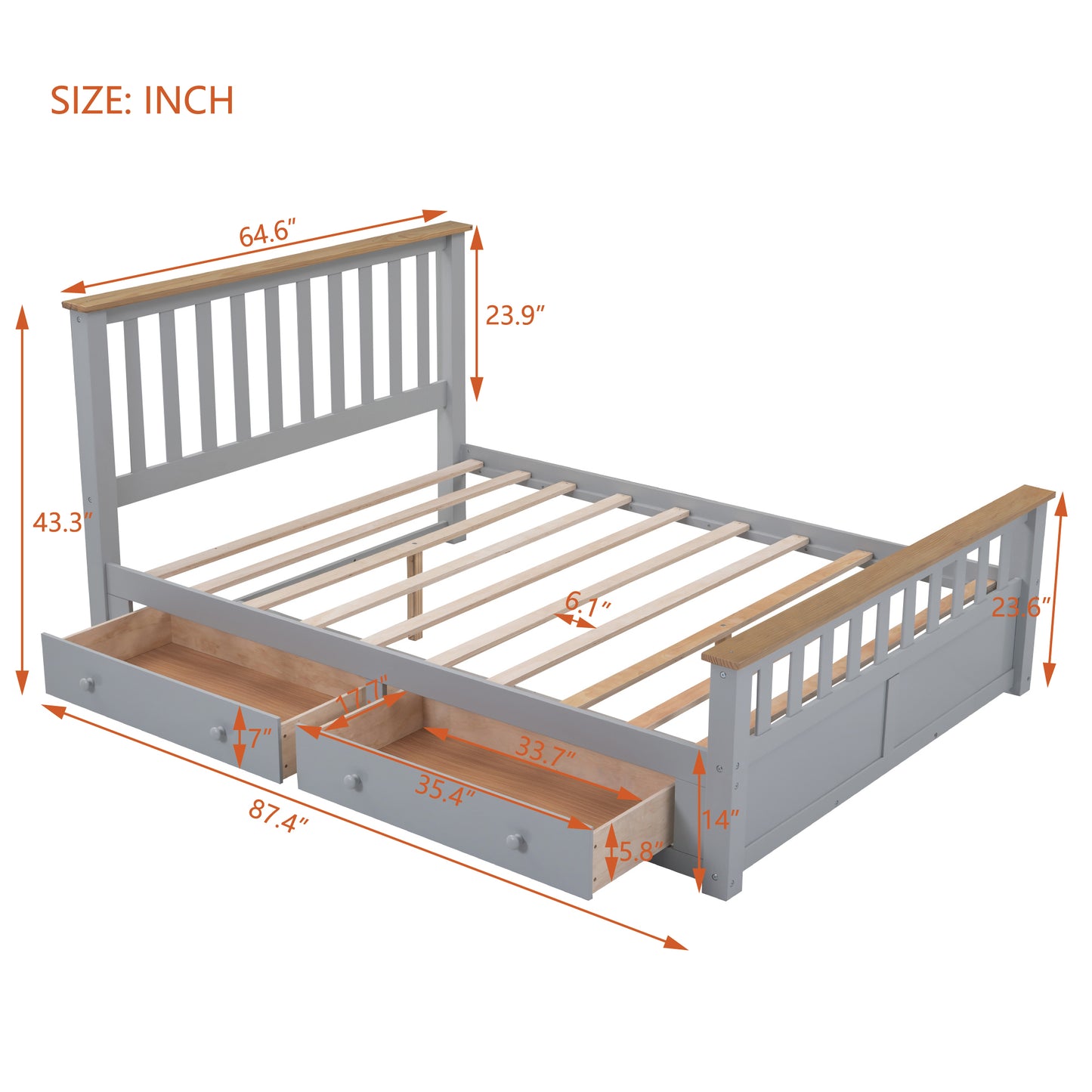 Melysen Queen Size Wood Platform Bed with Two Drawers and Wooden Slat Support,Gray+Natrual