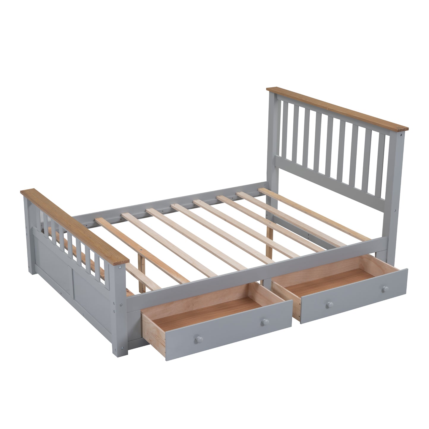 Melysen Full Size Wood Platform Bed with Two Drawers and Wooden Slat Support,Gray+Natrual