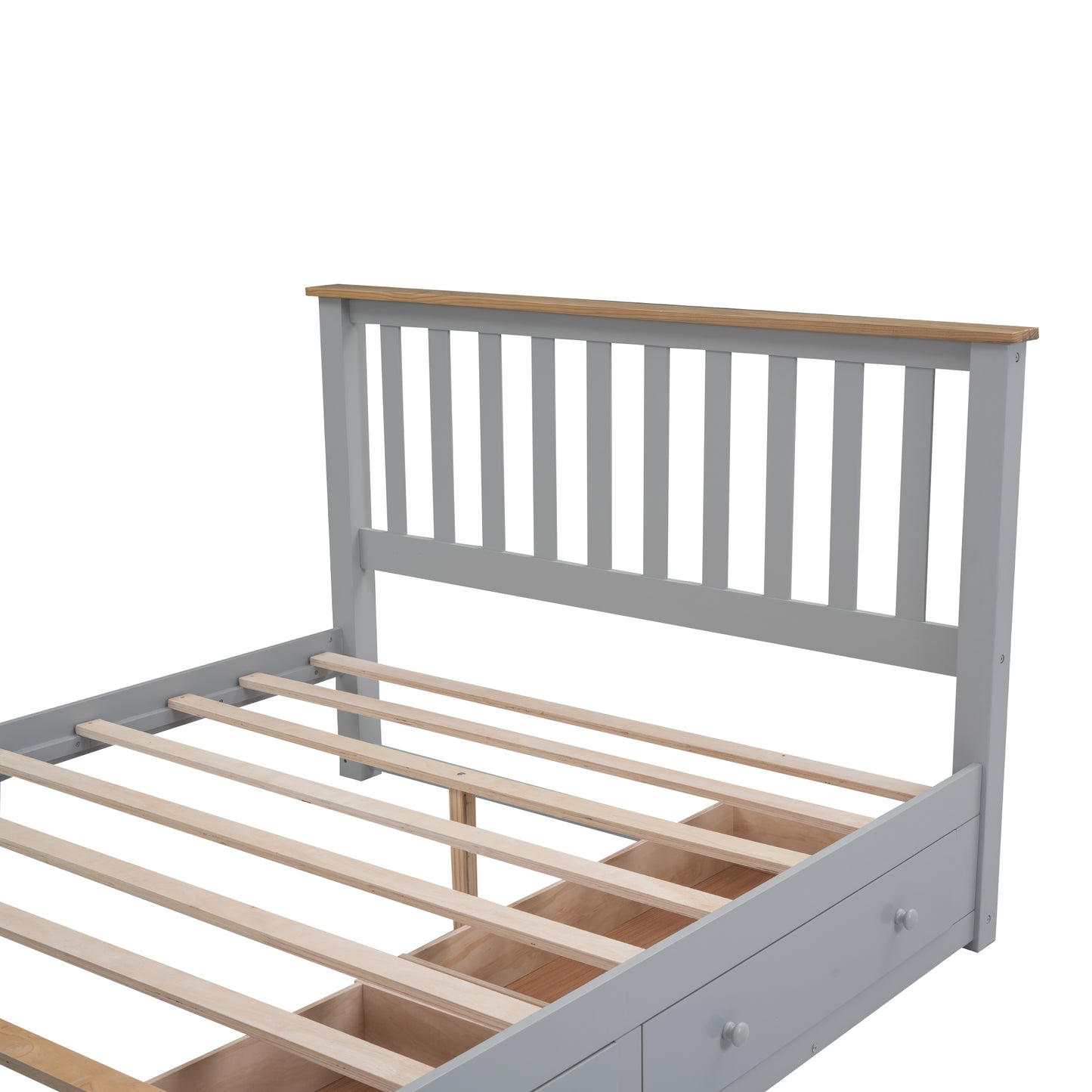 Melysen Queen Size Wood Platform Bed with Two Drawers and Wooden Slat Support,Gray+Natrual