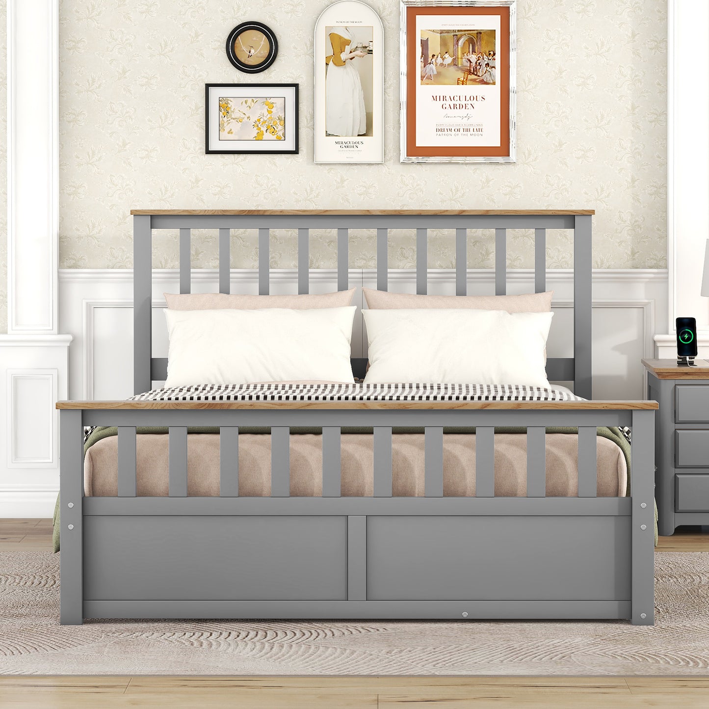 Melysen Queen Size Wood Platform Bed with Two Drawers and Wooden Slat Support,Gray+Natrual