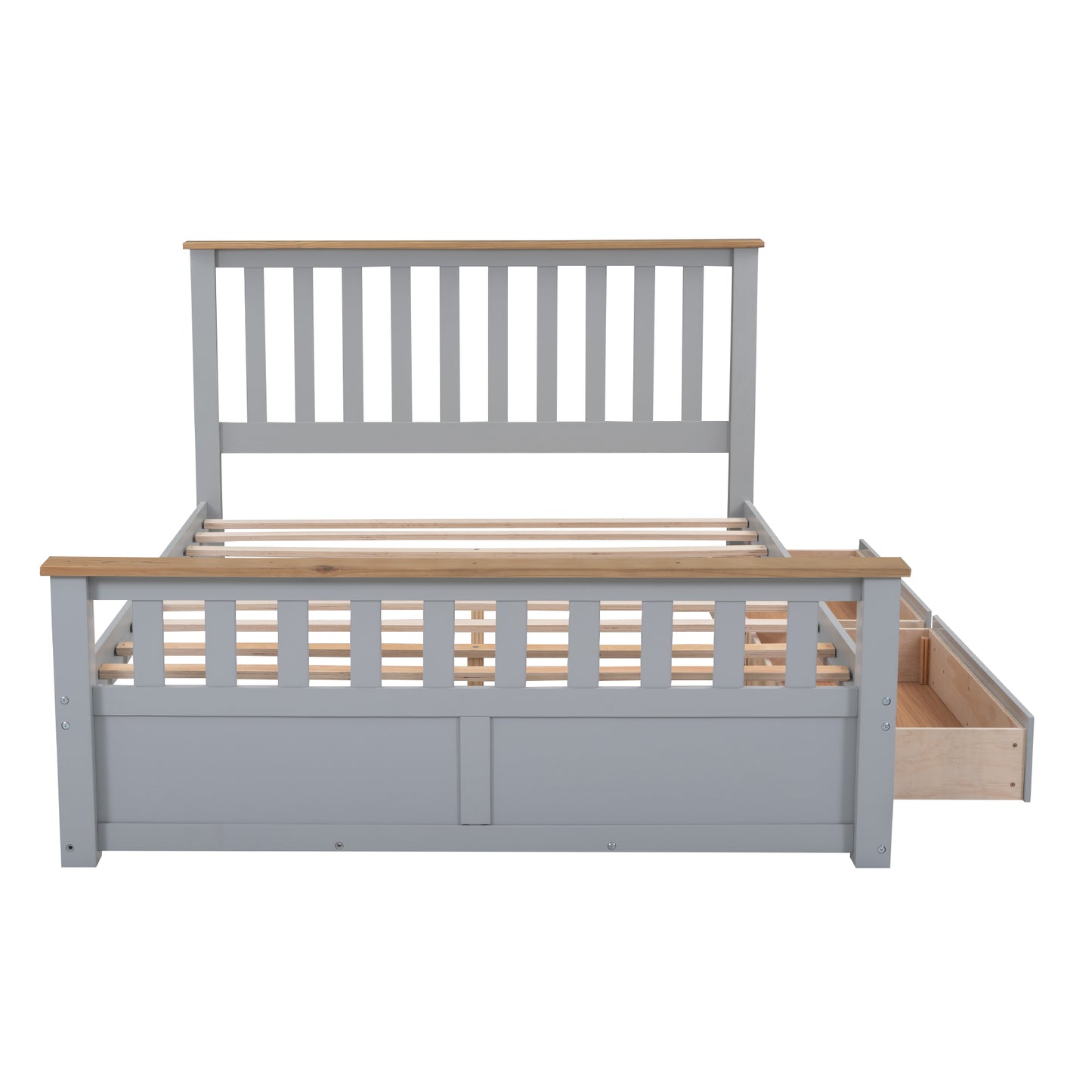 Melysen Queen Size Wood Platform Bed with Two Drawers and Wooden Slat Support,Gray+Natrual