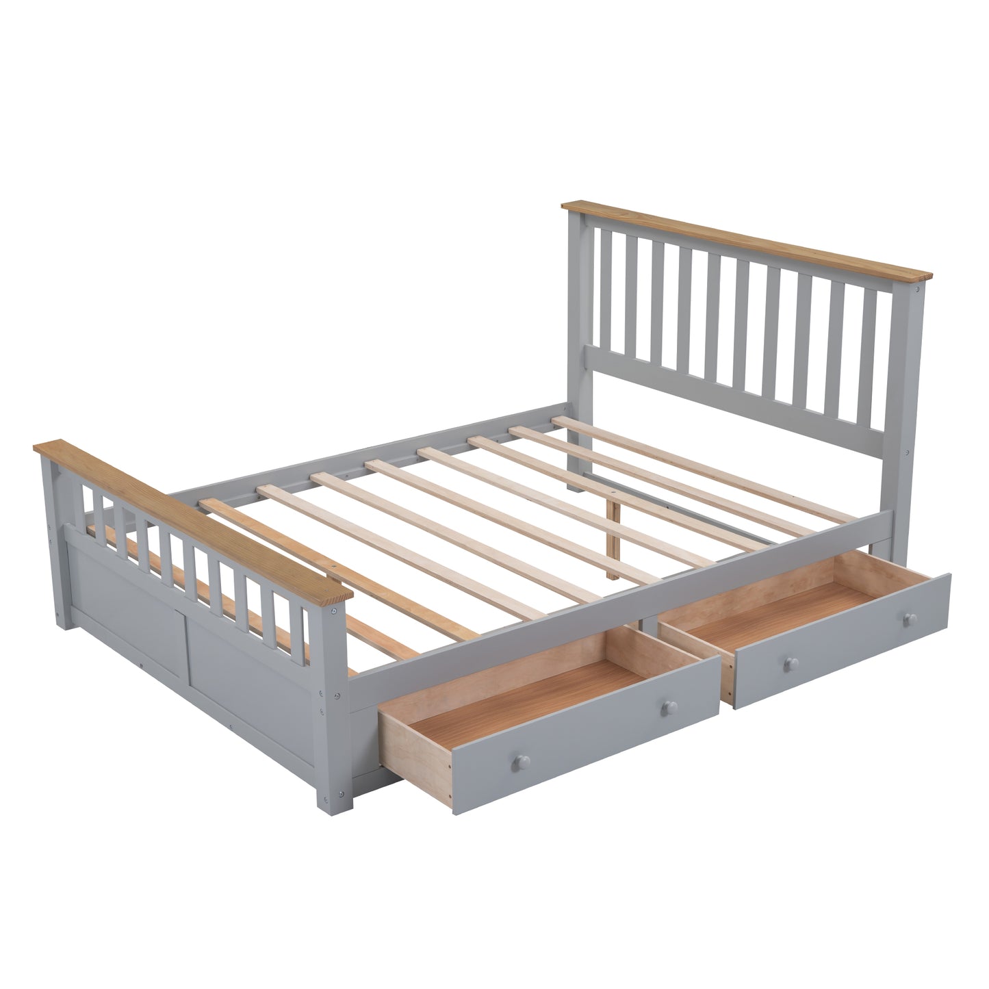 Melysen Queen Size Wood Platform Bed with Two Drawers and Wooden Slat Support,Gray+Natrual