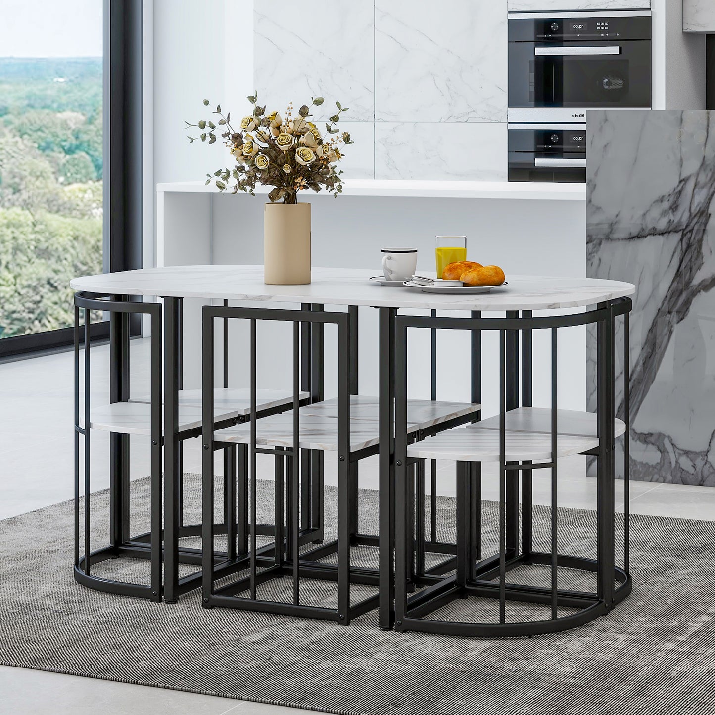 Melysen Modern 7-Piece Dining Table Set with Faux Marble Compact 55Inch Kitchen Table Set for 6