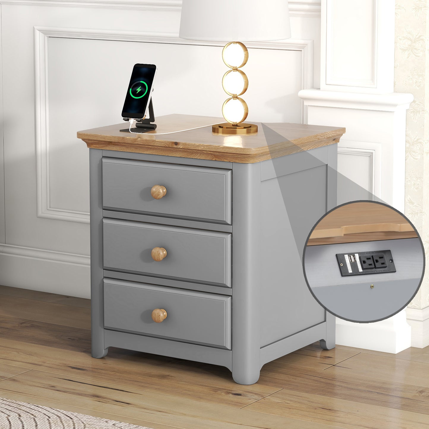 Melysen Wooden Nightstand with USB Charging Ports and Three Drawers,End Table for Bedroom,Gray+Natrual