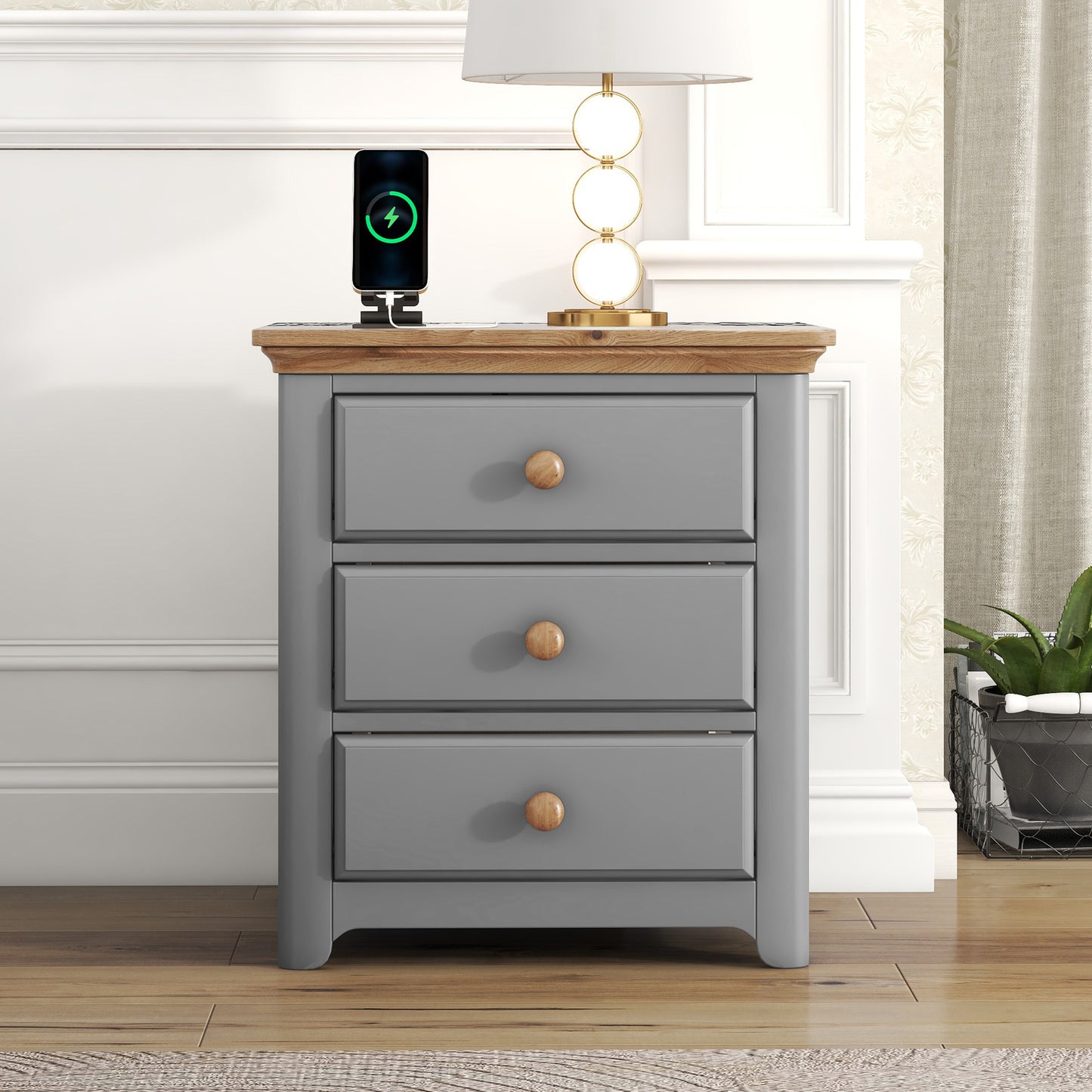 Melysen Wooden Nightstand with USB Charging Ports and Three Drawers,End Table for Bedroom,Gray+Natrual