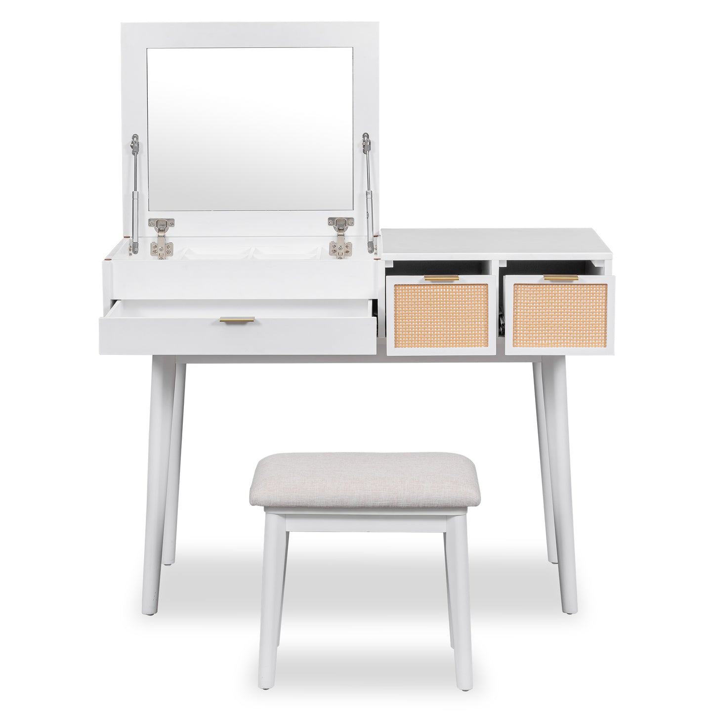 Melysen 43.3" Classic Wood Makeup Vanity Set with Flip-top Mirror and Stool, Dressing Table with Three Drawers and storage space, White