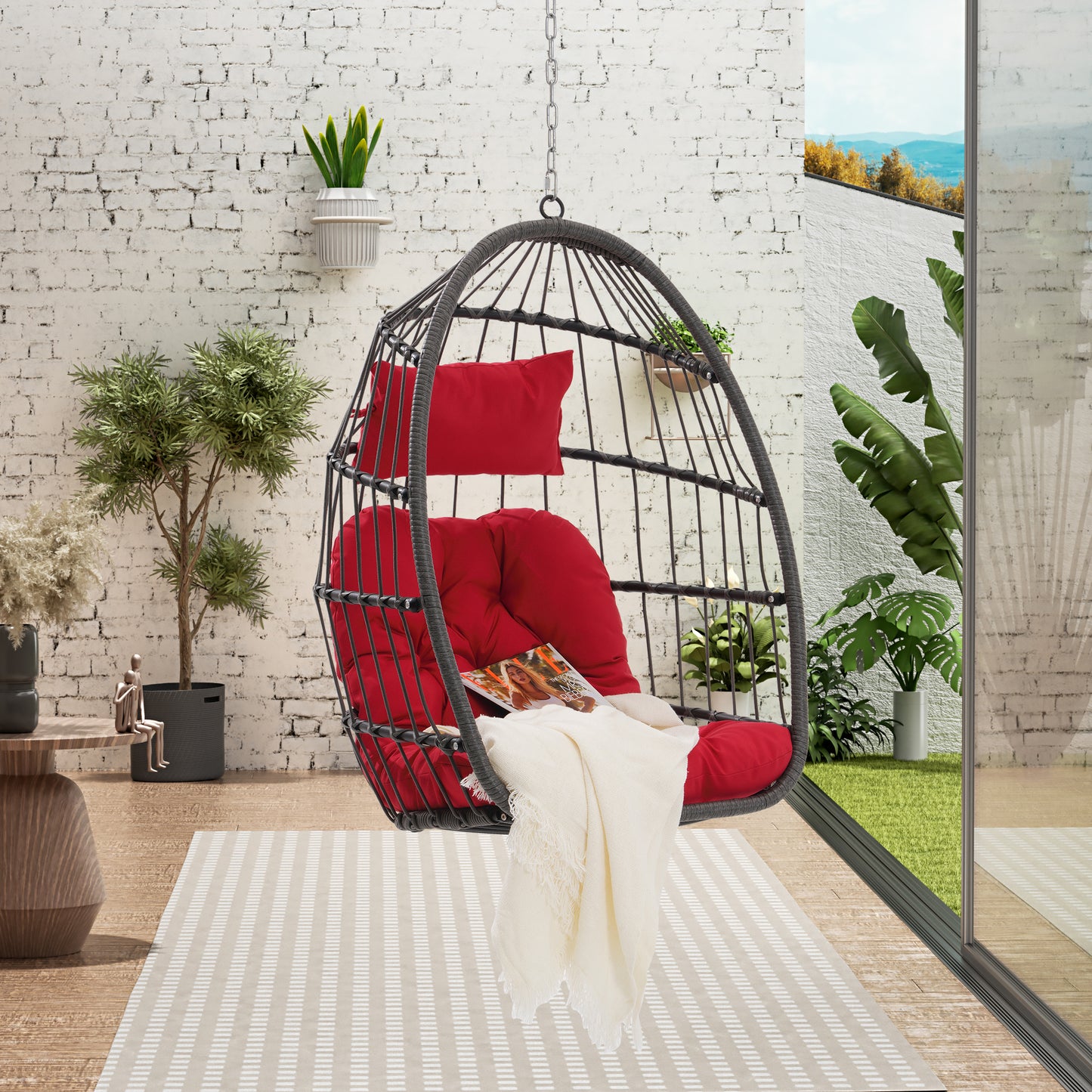 Melysen Outdoor Garden Rattan Egg Swing Chair Hanging Chair Wood,Red