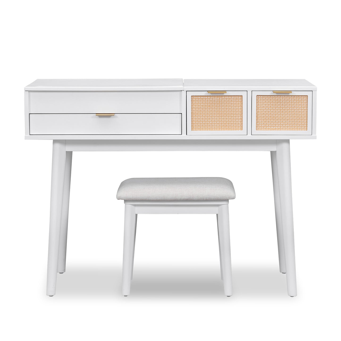 Melysen 43.3" Classic Wood Makeup Vanity Set with Flip-top Mirror and Stool, Dressing Table with Three Drawers and storage space, White