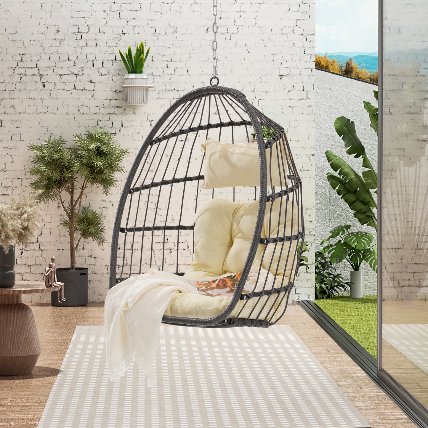 Melysen Outdoor Garden Rattan Egg Swing Chair Hanging Chair Wood,Khaki+yellow