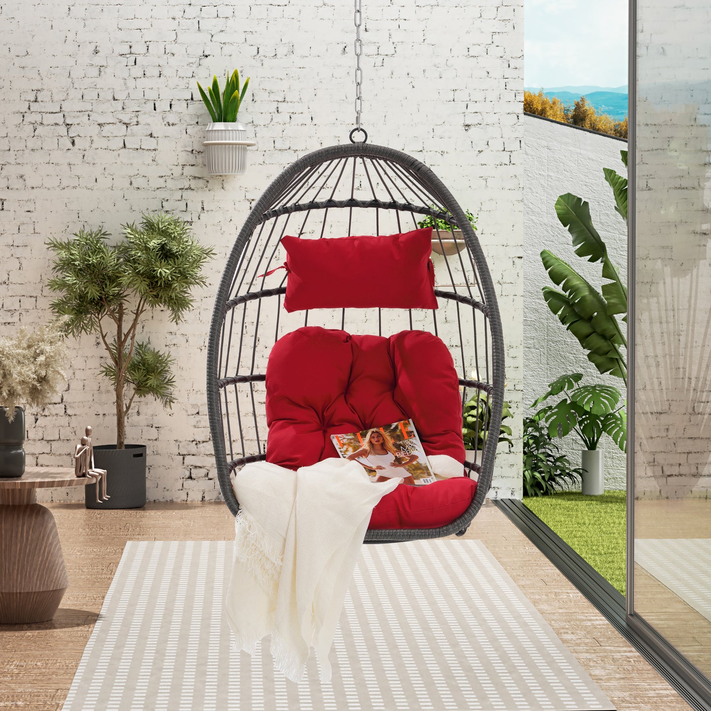 Melysen Outdoor Garden Rattan Egg Swing Chair Hanging Chair Wood,Red