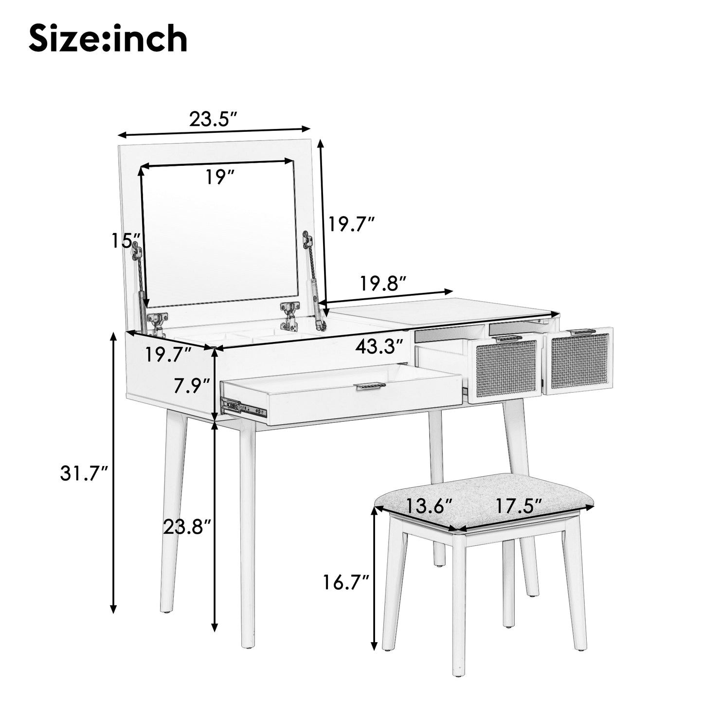 Melysen 43.3" Classic Wood Makeup Vanity Set with Flip-top Mirror and Stool, Dressing Table with Three Drawers and storage space, White