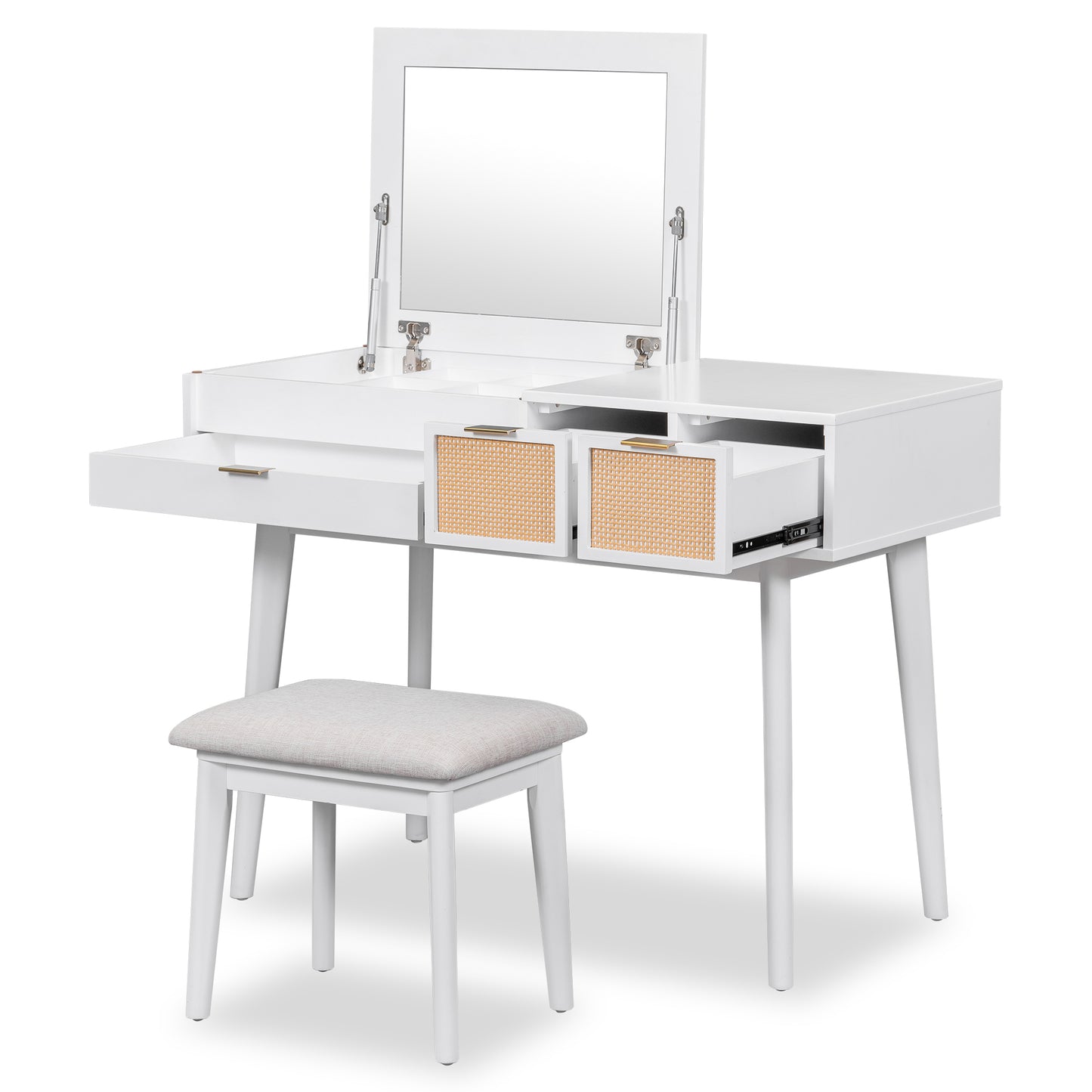 Melysen 43.3" Classic Wood Makeup Vanity Set with Flip-top Mirror and Stool, Dressing Table with Three Drawers and storage space, White