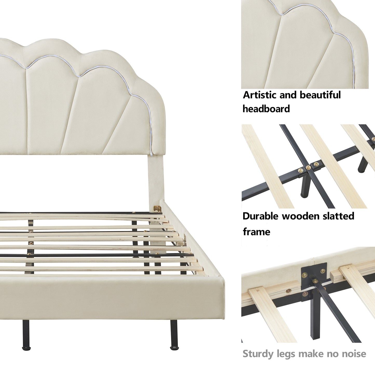 Melysen Full Upholstered Smart LED Bed Frame with Elegant Flowers Headboard,Floating Velvet Platform LED Bed with Wooden Slats Support,Beige