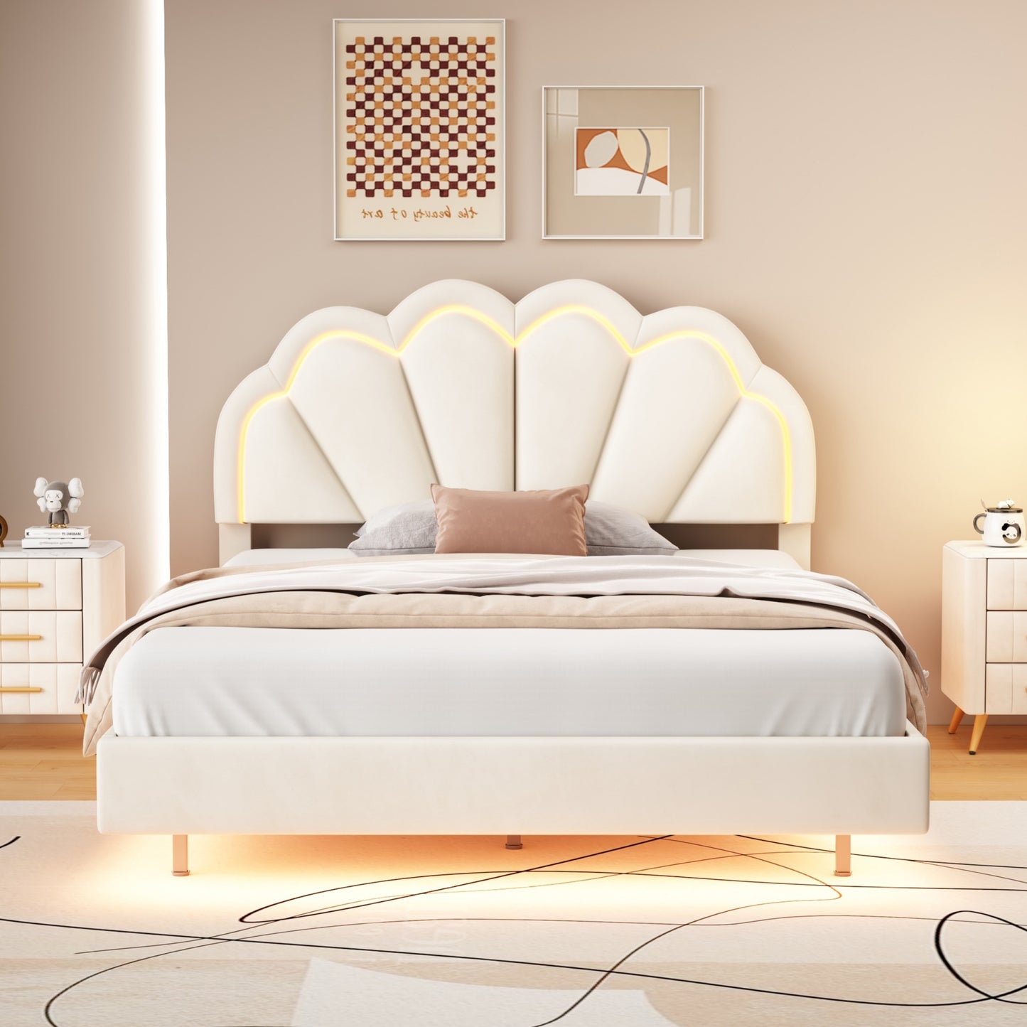 Melysen Full Upholstered Smart LED Bed Frame with Elegant Flowers Headboard,Floating Velvet Platform LED Bed with Wooden Slats Support,Beige