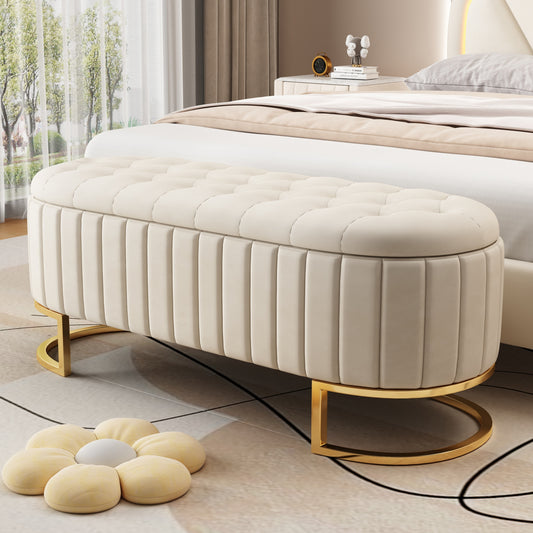 Melysen Elegant Upholstered Velvet Storage Ottoman with Button-Tufted,Storage Bench with Metal Legs for Bedroom,Living Room,Fully Assembled Except Legs