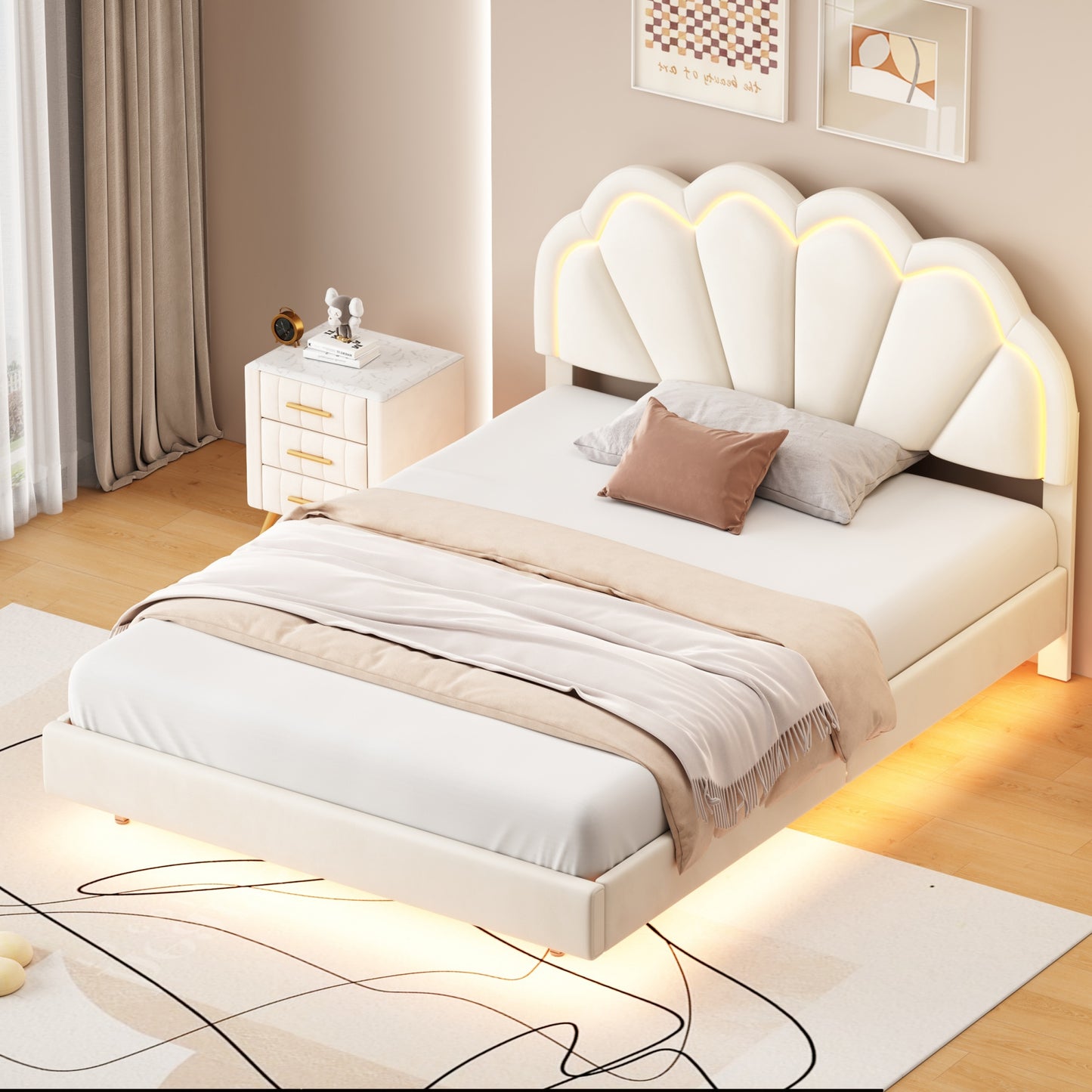 Melysen Full Upholstered Smart LED Bed Frame with Elegant Flowers Headboard,Floating Velvet Platform LED Bed with Wooden Slats Support,Beige