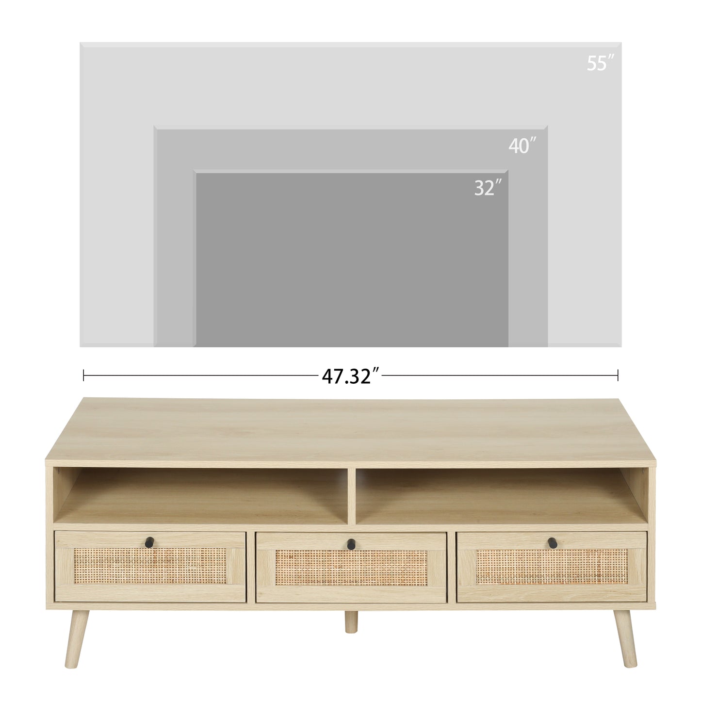 Melysen Rattan TV Stand with Solid Wood Feet, TV Console Table for Living Room, Natural