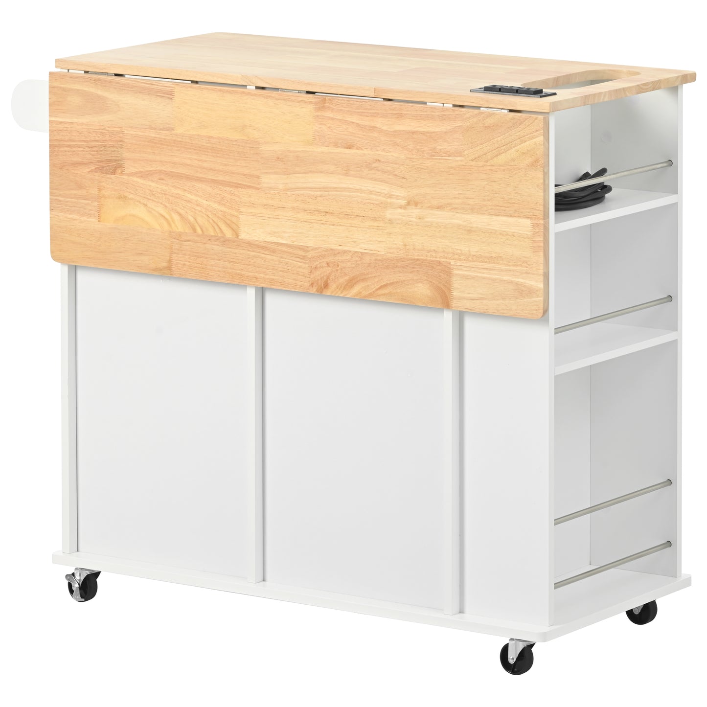 Melysen Kitchen Island with Power Outlet,Kitchen Storage Island with Drop Leaf and Rubber Wood,Open Storage and Wine Rack,5 Wheels,with Adjustable Storage for Home, Kitchen, and Dining Room,White