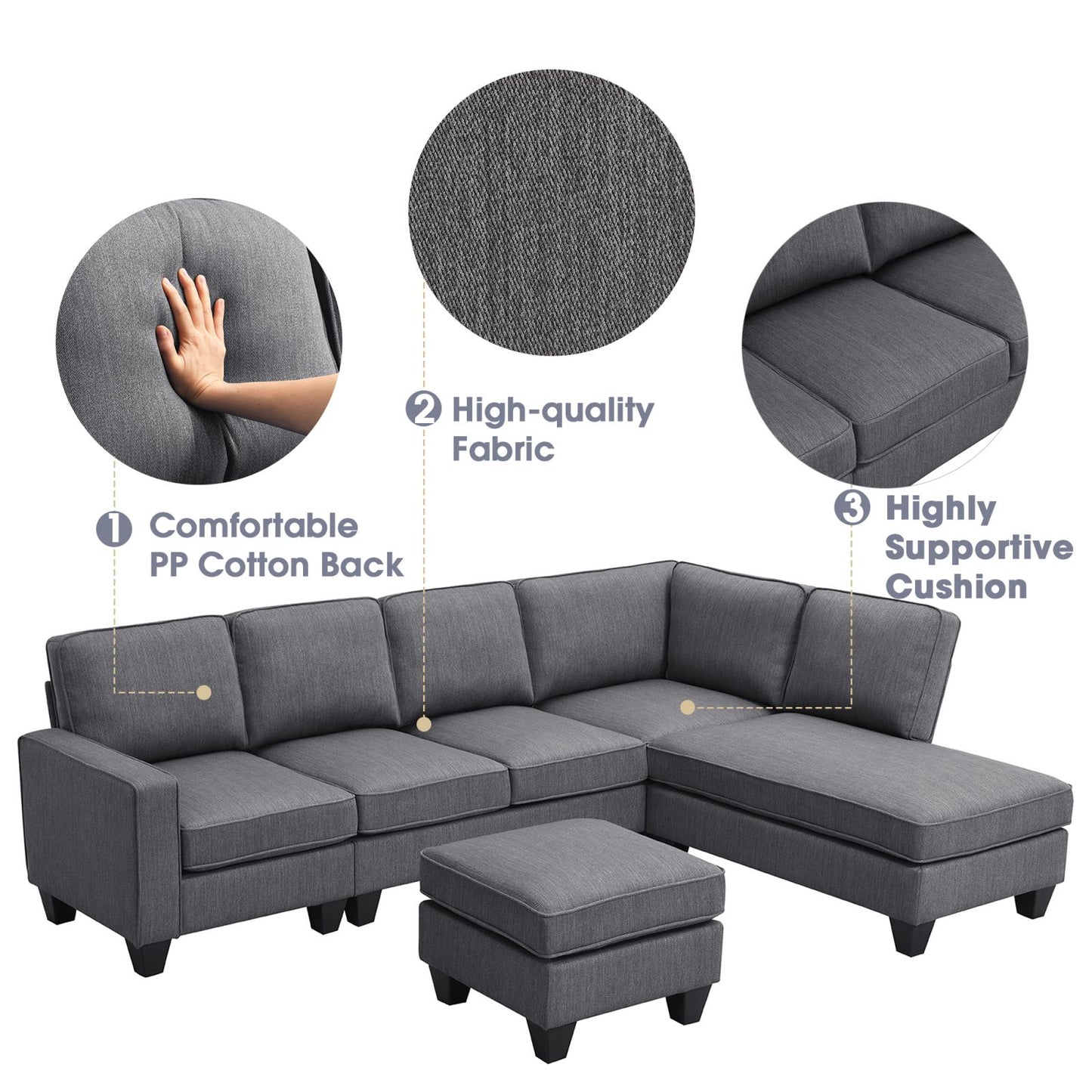 Melysen 104.3*78.7" Modern L-shaped Sectional Sofa,7-seat Linen Fabric Couch Set with Chaise Lounge and Convertible Ottoman for Living Room,Apartment,Office,3 Colors