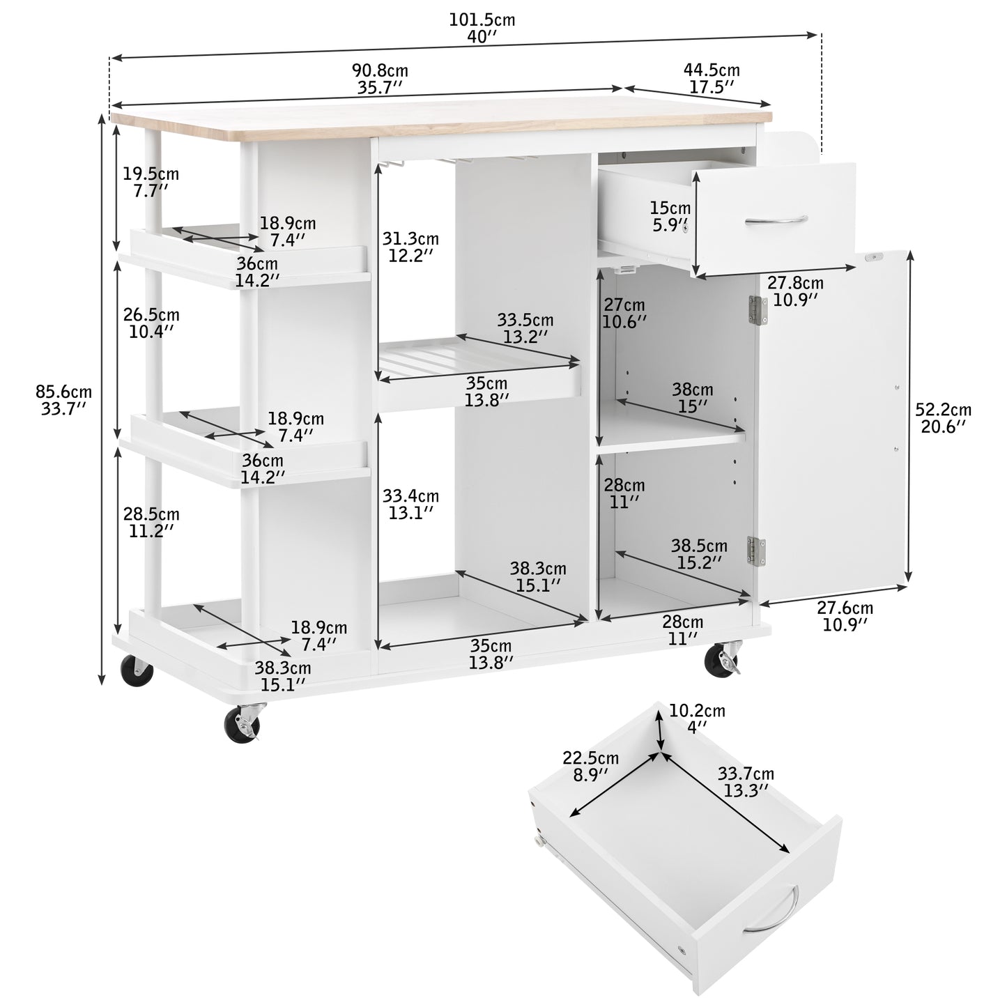 Melysen Multipurpose Kitchen Cart Cabinet with Side Storage Shelves,Rubber Wood Top, Adjustable Storage Shelves, 5 Wheels, Kitchen Storage Island with Wine Rack for Dining Room, Home,Bar,White