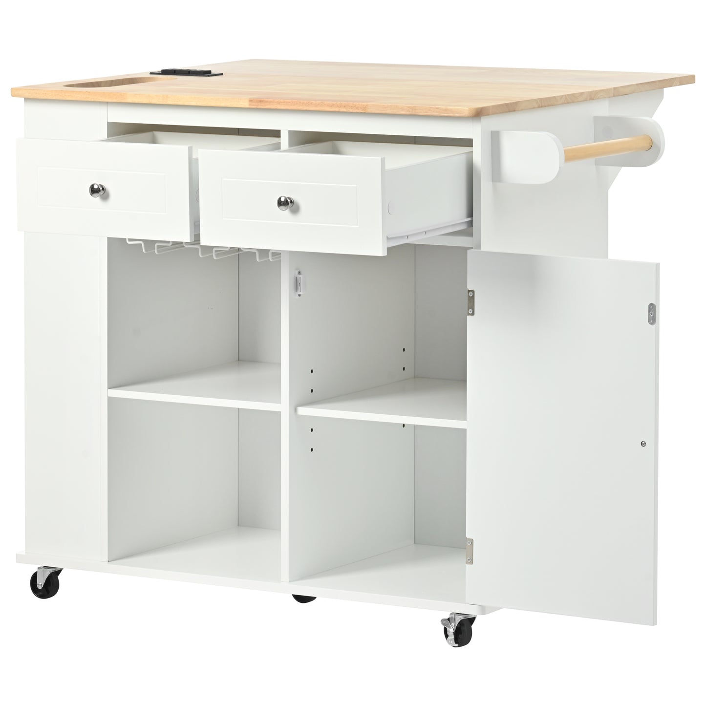 Melysen Kitchen Island with Power Outlet,Kitchen Storage Island with Drop Leaf and Rubber Wood,Open Storage and Wine Rack,5 Wheels,with Adjustable Storage for Home, Kitchen, and Dining Room,White