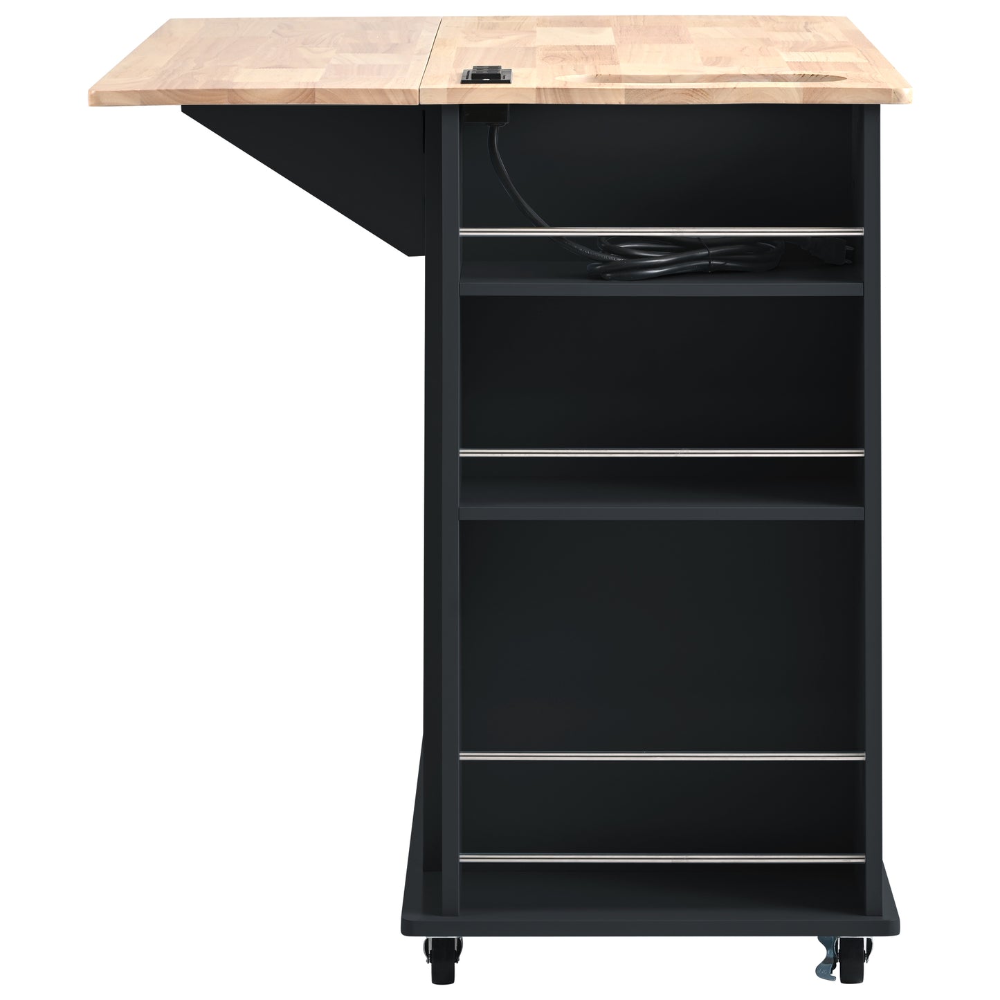 Melysen Kitchen Island with Power Outlet,Kitchen Storage Island with Drop Leaf and Rubber Wood,Open Storage and Wine Rack,5 Wheels,with Adjustable Storage for Home, Kitchen, and Dining Room, Black