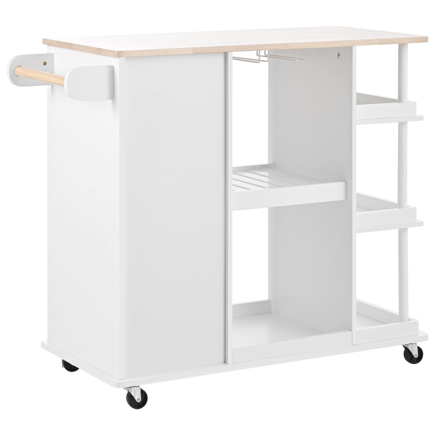 Melysen Multipurpose Kitchen Cart Cabinet with Side Storage Shelves,Rubber Wood Top, Adjustable Storage Shelves, 5 Wheels, Kitchen Storage Island with Wine Rack for Dining Room, Home,Bar,White