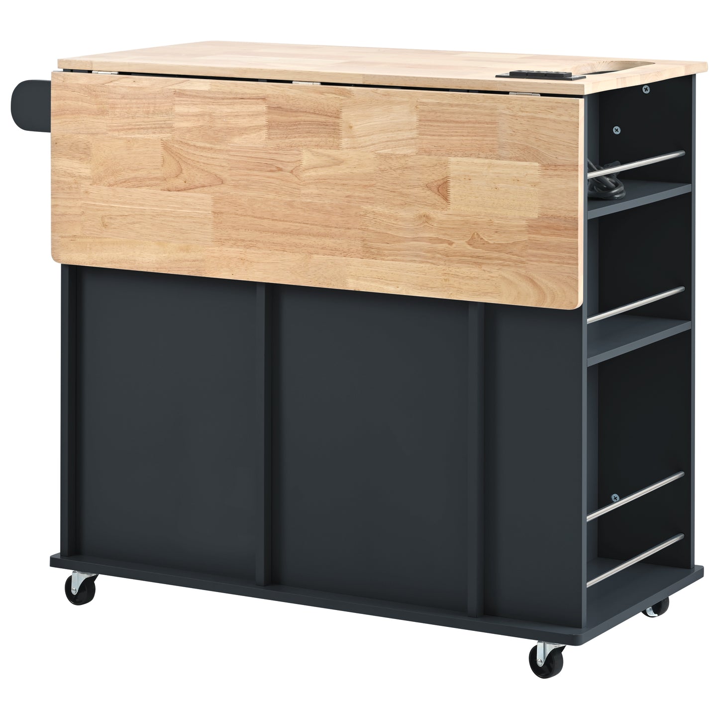 Melysen Kitchen Island with Power Outlet,Kitchen Storage Island with Drop Leaf and Rubber Wood,Open Storage and Wine Rack,5 Wheels,with Adjustable Storage for Home, Kitchen, and Dining Room, Black