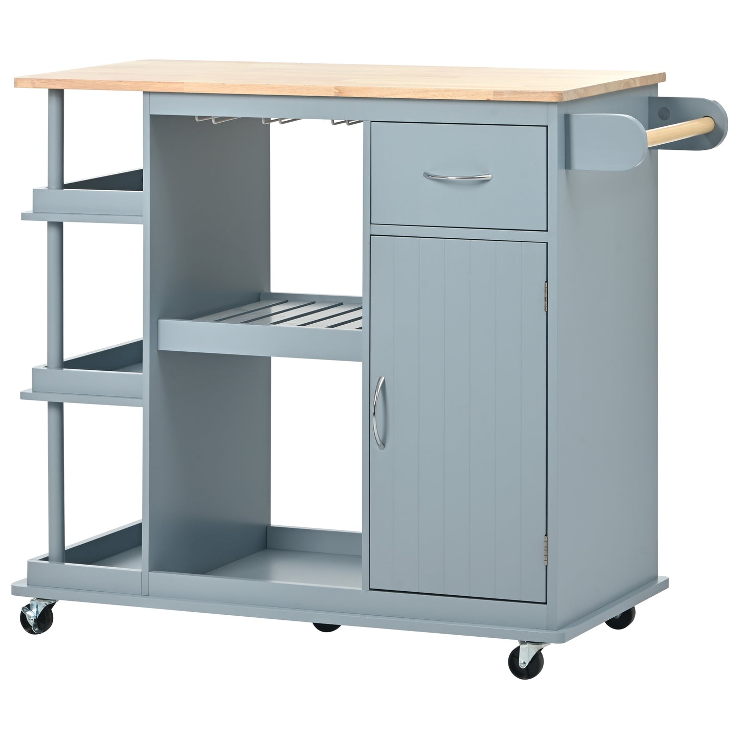 Melysen Multipurpose Kitchen Cart Cabinet with Side Storage Shelves,Rubber Wood Top, Adjustable Storage Shelves, 5 Wheels, Kitchen Storage Island with Wine Rack for Dining Room, Home,Bar,Grey Blue