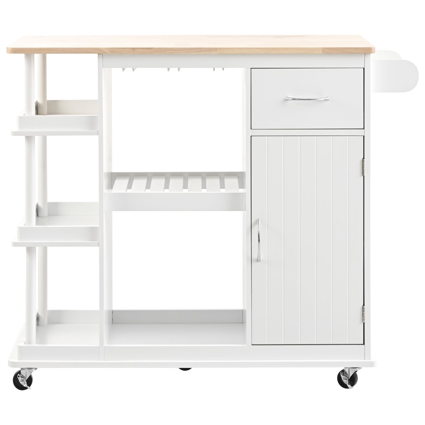 Melysen Multipurpose Kitchen Cart Cabinet with Side Storage Shelves,Rubber Wood Top, Adjustable Storage Shelves, 5 Wheels, Kitchen Storage Island with Wine Rack for Dining Room, Home,Bar,White