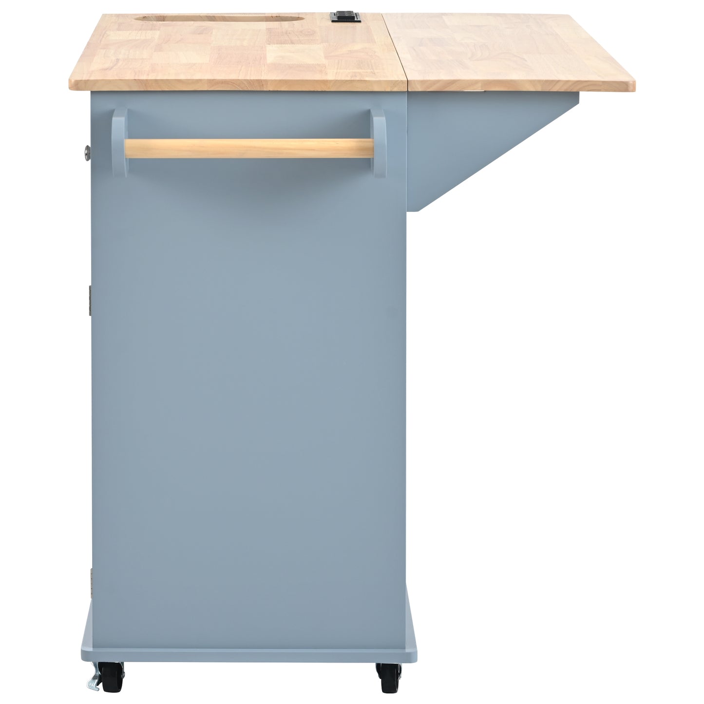 Melysen Kitchen Island with Power Outlet,Kitchen Storage Island with Drop Leaf and Rubber Wood,Open Storage and Wine Rack,5 Wheels,with Adjustable Storage for Home, Kitchen, and Dining Room, Grey Blue