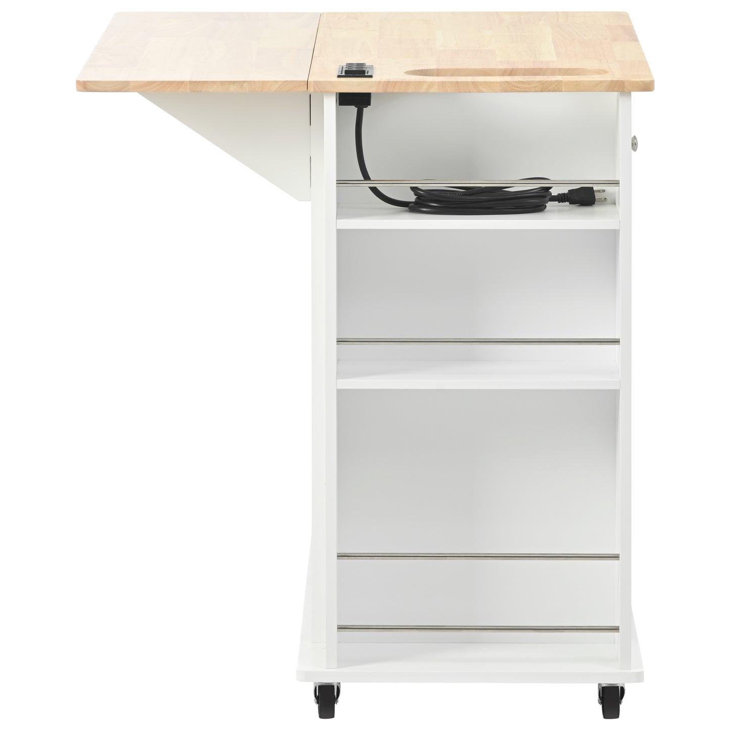 Melysen Kitchen Island with Power Outlet,Kitchen Storage Island with Drop Leaf and Rubber Wood,Open Storage and Wine Rack,5 Wheels,with Adjustable Storage for Home, Kitchen, and Dining Room,White