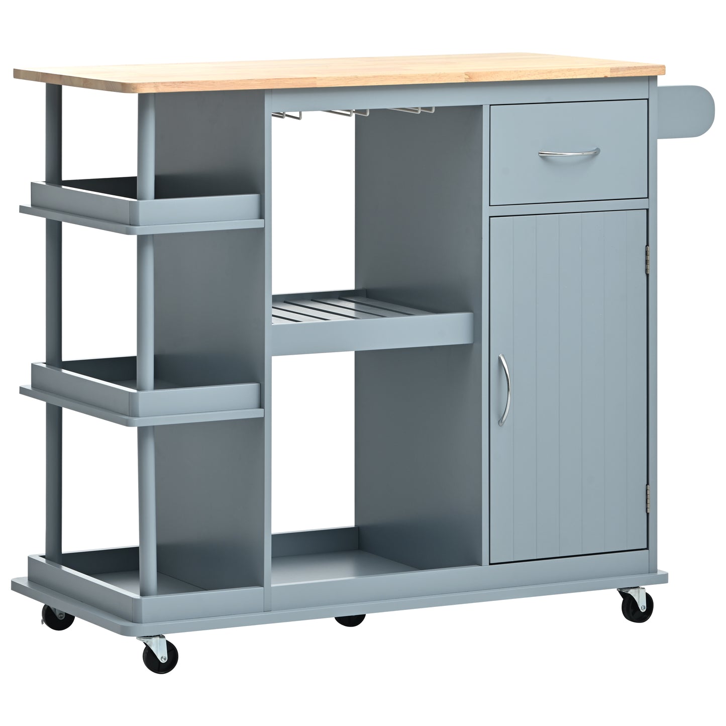 Melysen Multipurpose Kitchen Cart Cabinet with Side Storage Shelves,Rubber Wood Top, Adjustable Storage Shelves, 5 Wheels, Kitchen Storage Island with Wine Rack for Dining Room, Home,Bar,Grey Blue